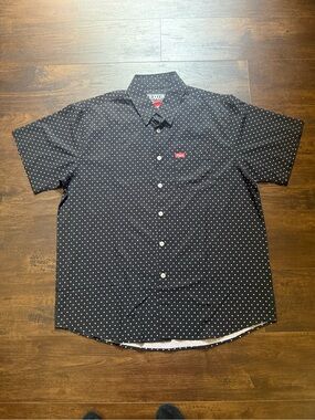 DIXXON Black Short-Sleeve Button-Down Shirt with White Polka Dots and Red Logo